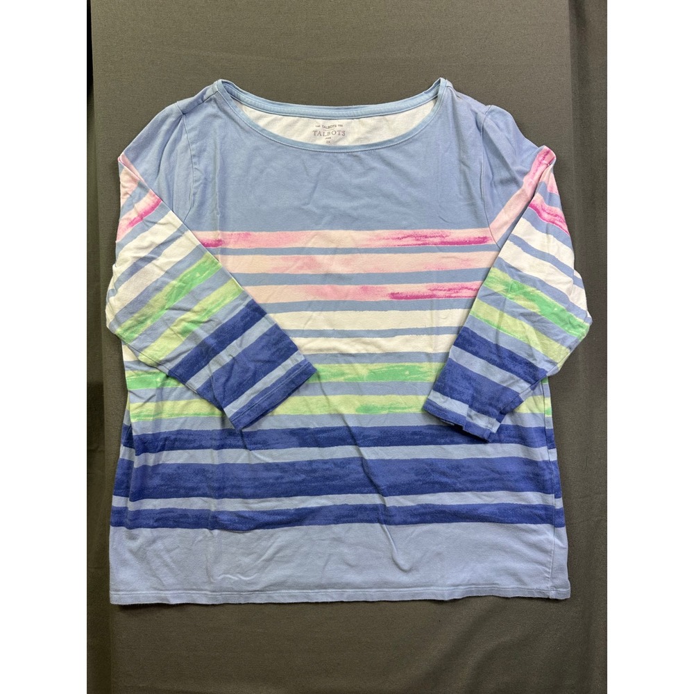 Talbots Tee Women 2X Blue Watercolor Stripe 3/4 Sleeve Boat Neck Knit Top